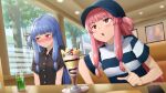  2girls bangs baseball_cap black_shirt blue_hair blue_headwear blush buttons cellphone cherry closed_mouth collared_shirt dress_shirt drink drinking_straw eyebrows_visible_through_hair food fruit furrowed_brow glass hair_tie hat highres ice ice_cube indoors kotonoha_akane kotonoha_aoi kurione_(zassou) long_hair multiple_girls nose_blush one_side_up open_mouth parfait phone pink_hair pocky red_eyes restaurant shirt short_sleeves siblings sisters smartphone straight_hair striped striped_shirt table tree voiceroid wavy_mouth window 
