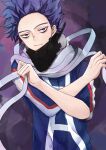  1boy blue_eyes blue_hair blue_shirt boku_no_hero_academia closed_mouth commentary_request grey_scarf hands_up highres holding long_sleeves looking_at_viewer male_focus mask mask_removed mouth_mask multicolored multicolored_clothes multicolored_scarf noizu_(noi_hr) purple_hair red_shirt scarf shinsou_hitoshi shirt solo spiked_hair striped u.a._gym_uniform upper_body white_shirt 