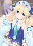  1girl ajitarou_(setsu) bare_shoulders blonde_hair blue_eyes blush book breasts choujigen_game_neptune detached_sleeves dress eyebrows_visible_through_hair hair_ornament hat highres histoire long_hair looking_at_viewer neptune_(series) open_mouth sitting smile solo thighhighs very_long_hair wings 