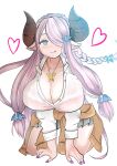  1girl blue_eyes blush braid breasts cleavage closed_mouth clothes_around_waist collarbone draph granblue_fantasy hair_ornament hair_over_one_eye heart highres horns huge_breasts jacket jacket_around_waist large_breasts licking_lips long_hair looking_at_viewer namakutaroo narmaya_(granblue_fantasy) pleated_skirt pointy_ears school_uniform shirt simple_background single_braid skirt smile solo tongue tongue_out very_long_hair white_shirt 