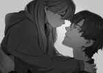  1boy 1girl age_difference aida_kensuke commentary_request evangelion:_3.0+1.0_thrice_upon_a_time eye_contact facial_hair hood hooded_jacket hug jacket long_hair looking_at_another monochrome neon_genesis_evangelion rebuild_of_evangelion short_hair simple_background smile souryuu_asuka_langley stubble yszw 