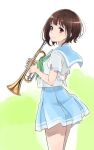  1girl breasts brown_eyes brown_hair closed_mouth hibike!_euphonium instrument looking_at_viewer mole mole_under_eye nakaseko_kaori pleated_skirt school_uniform short_hair simple_background skirt smile solo trumpet yamaguchi_satoshi 