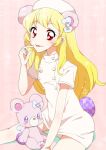  1girl aikatsu!_(series) angely_bear_(aikatsu) animal_ears bangs bear_ears blonde_hair egg emyu_shimeji eyebrows_visible_through_hair hand_up hat hoshimiya_ichigo long_hair looking_at_viewer no_pants nurse nurse_cap on_floor parted_lips red_eyes ribbon short_sleeves smile solo sparkle_background stuffed_animal stuffed_toy teddy_bear tongue tongue_out 