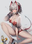  1girl absurdres adjusting_hair alcohol arknights beer bikini breasts cleavage demon_girl demon_tail highres horns huge_filesize ioriwu8 large_breasts naughty_face open_mouth red_bikini red_eyes red_horns sandals see-through solo spread_legs swimsuit tail w_(arknights) 