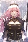  1girl breasts cape cleavage dodon_gadon eyebrows_visible_through_hair highres hololive hololive_english large_breasts long_hair looking_at_viewer mori_calliope parted_lips pink_eyes pink_hair solo tiara virtual_youtuber 