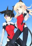  2girls absurdres alice_gear_aegis animal_ears aohashi_ame bangs black_hair black_legwear blonde_hair blue_background blunt_bangs blush cat_ears closed_mouth commentary_request dog_ears glasses heterochromia highres multiple_girls navel open_mouth perrine_h._clostermann purple_eyes sakamoto_mio smile strike_witches thick_eyebrows world_witches_series yellow_eyes 