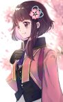  1girl black_gloves brown_eyes brown_hair cherry_blossoms closed_mouth commentary_request falling_petals flower gloves hair_flower hair_ornament hand_on_own_chest hand_up highres jacket nanaponi petals pink_flower pink_jacket purple_neckwear sakura_kakumei sakura_shino short_hair_with_long_locks smile solo thick_eyebrows upper_body waistcoat 
