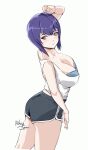  1girl arm_up artist_name ass bangs black_shorts blue_bra bra breasts cleavage closed_mouth collarbone commentary cowboy_shot ghost_in_the_shell highres kusanagi_motoko large_breasts looking_to_the_side purple_eyes purple_hair relaxjon shirt short_hair short_shorts shorts simple_background solo standing underwear white_background white_shirt 