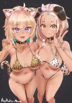  2girls :3 aestheticc-meme ahoge animal_collar animal_ears animal_print artist_name bangs_pinned_back bikini black_background blonde_hair bow breasts breasts_apart brown_eyes cat_ears cat_tail chain choker collar collarbone cowboy_shot dalmatian_print dark-skinned_female dark_skin dog_ears dog_tail eyelashes fang gold_chain gyaru hair_bow hair_ornament holding holding_chain hololive inugami_korone knees kogal large_breasts leopard_print long_hair looking_at_viewer low-tied_long_hair medium_breasts multiple_girls navel nekomata_okayu official_alternate_costume pom_pom_(clothes) pom_pom_hair_ornament print_bikini purple_eyes side-tie_bikini smile starry_background swimsuit tail thighs thong_bikini tsurime underboob v virtual_youtuber 