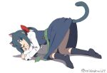  1girl animal_ears arikindows10 artist_name bangs belt blue_skirt blue_vest cat_ears cat_girl cat_tail collared_shirt constanze_amalie_von_braunschbank-albrechtsberger green_hair hair_ribbon kneehighs little_witch_academia long_hair long_sleeves looking_at_viewer looking_back luna_nova_school_uniform one_eye_closed paw_pose pleated_skirt ponytail ribbon school_uniform shadow shirt sidelocks skirt socks solid_eyes solo tail twitter_username uniform vest vest_over_shirt wand white_shirt 