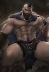  1boy abs arrow_(projectile) bara bare_pectorals beard blue_cape bulge cape chest_hair facial_hair feet_out_of_frame highres holding holding_arrow jang_ju_hyeon large_pectorals male_focus male_pubic_hair mature_male mohawk muscular muscular_male mustache navel navel_hair nipples original pantheon_(league_of_legends) pectorals pelvic_curtain pubic_hair revealing_clothes reward_available scar scar_on_chest short_hair solo spread_legs stomach thick_eyebrows thick_thighs thighs 