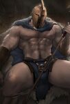  1boy abs arrow_(projectile) bara bare_pectorals beard blue_cape bulge cape chest_hair facial_hair feet_out_of_frame helmet highres holding holding_arrow jang_ju_hyeon large_pectorals male_focus male_pubic_hair mature_male muscular muscular_male mustache navel navel_hair nipples original pantheon_(league_of_legends) pectorals pelvic_curtain pubic_hair revealing_clothes reward_available scar scar_on_chest short_hair solo spread_legs stomach thick_eyebrows thick_thighs thighs 