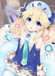  1girl ? ajitarou_(setsu) bare_shoulders blonde_hair blue_eyes blush book breasts choujigen_game_neptune confused detached_sleeves dress eyebrows_visible_through_hair hair_ornament hat highres histoire long_hair neptune_(series) open_mouth sitting solo thighhighs very_long_hair wings 