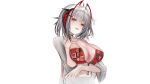  +_+ ahoge arknights bikini black_choker breasts choker cleavage cropped_torso demon_horns fuying_sanbing grey_hair grey_shirt hand_on_own_chest highres horns jpeg_artifacts large_breasts looking_at_viewer o-ring o-ring_choker open_clothes open_mouth open_shirt red_bikini red_eyes red_nails shirt short_hair simple_background swimsuit upper_body w_(arknights) white_background 