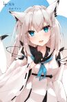  1girl :d absurdres animal_ear_fluff animal_ears azur_lane bangs black_gloves black_sailor_collar blue_eyes blue_neckwear blue_ribbon blush breasts collarbone commentary_request crossed_bangs detached_sleeves eyebrows_visible_through_hair eyes_visible_through_hair fox_ears fox_girl fox_tail gloves hair_between_eyes highres kawakaze_(azur_lane) long_hair looking_at_viewer medium_breasts nontraditional_miko open_mouth ribbon ribbon-trimmed_clothes ribbon-trimmed_sleeves ribbon_trim ryou_(ryo_217cafe) sailor_collar silver_hair simple_background smile solo tail translation_request wide_sleeves 
