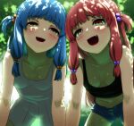  2girls :d bangs black_shirt blue_hair blue_shorts breasts cleavage collarbone dappled_sunlight dress eyebrows_visible_through_hair fang furrowed_brow hair_bobbles hair_ornament kotonoha_akane kotonoha_aoi kurione_(zassou) long_hair looking_at_viewer multiple_girls one_side_up open_fly open_mouth orange_eyes panties pink_hair see-through see-through_dress shirt shorts siblings sisters small_breasts smile straight_hair striped striped_panties sunlight tank_top underwear voiceroid white_dress 