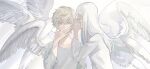  1boy 1girl angel angel_wings blonde_hair closed_eyes collarbone commentary_request covered_mouth covering_mouth feathered_wings hand_over_own_mouth highres long_hair long_sleeves looking_at_viewer multiple_wings nanaponi original shirt short_hair upper_body white_background white_hair white_shirt white_theme wings yellow_eyes 