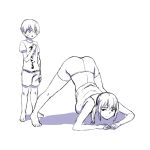  1boy 1girl age_difference bike_shorts hashi jack-o&#039;_challenge monochrome original ponytail short_hair short_shorts shorts sketch sweatdrop top-down_bottom-up translated white_background 