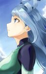  1girl absurdres bangs black_bodysuit blue_eyes blue_hair bodysuit boku_no_hero_academia cloud covered_collarbone day fengling_(furin-jp) from_side green_bodysuit hadou_nejire highres huge_filesize long_hair looking_up outdoors parted_lips profile shiny shiny_hair signature solo white_bodysuit 