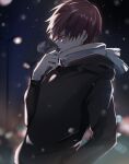 1boy bangs black_shirt blurry blurry_background boku_no_hero_academia burn_scar commentary_request depth_of_field from_side grey_scarf hand_up highres lamppost long_sleeves male_focus night night_sky noizu_(noi_hr) outdoors profile red_hair scar scar_on_face scarf shiny shiny_hair shirt sky snowing solo todoroki_shouto upper_body white_hair 