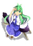  1girl antenna_hair bare_shoulders closed_mouth commentary_request detached_sleeves eggplant fox_shadow_puppet from_above green_eyes green_hair hayaneko_(ceceragi) highres kochiya_sanae long_hair necktie shouryouuma simple_background sitting sitting_on_object smile solo touhou white_background 