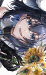  1girl asymmetrical_clothes black_gloves blue_hair chain flower gloves hair_intakes headband highres hololive hololive_english kashiwagi_0101 ouro_kronii ribbon_earrings short_hair signature solo veil virtual_youtuber 