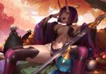  1girl absurdres autumn bob_cut breasts eyeliner fate/grand_order fate_(series) gourd headpiece highres horns ihavetwoooo japanese_clothes kimono makeup medium_breasts navel oni oni_horns open_clothes open_kimono outdoors purple_eyes purple_hair purple_kimono revealing_clothes short_eyebrows short_hair shuten_douji_(fate) sitting skin-covered_horns solo spread_legs sword torii tree weapon 