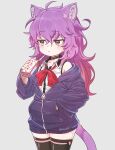  1girl :&lt; animal_ear_fluff animal_ears black_legwear bow bowtie cat_ears cat_girl cat_tail drinking_straw expressionless hand_in_pocket hood hood_down hoodie jitome milk_carton no_pants nyifu off_shoulder original purple_hair shirt sleeveless sleeveless_shirt slit_pupils strawberry_milk tail thighhighs wavy_hair white_shirt 