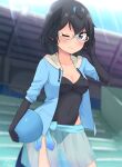  1girl absurdres adjusting_eyewear artist_name ball bangs black_gloves black_hair black_swimsuit blue_eyes blue_hoodie blue_sarong blurry blurry_background breasts california_sea_lion_(kemono_friends) california_sea_lion_(kemono_friends)_(cosplay) closed_mouth commentary_request cosplay covered_navel cowboy_shot depth_of_field drawstring elbow_gloves gloves greater_lophorina_(kemono_friends) highres holding holding_ball hood hoodie kemono_friends looking_at_viewer medium_breasts one-piece_swimsuit one_eye_closed open_hand sarong semi-rimless_eyewear shiraha_maru short_hair signature smile solo standing swimsuit under-rim_eyewear white-framed_eyewear 
