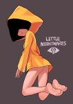  1girl ass barefoot bottomless breasts commentary copyright_name feet full_body grey_background highres hood hood_up kneeling little_nightmares logo long_sleeves no_eyes no_panties oyatsu_(mk2) parted_lips raincoat shaded_face simple_background six_(little_nightmares) small_breasts soles solo toes yellow_raincoat 