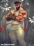  1boy alternate_facial_hair bara bare_shoulders beard black_hair dark-skinned_male dark_skin dougi facial_hair feet_out_of_frame fingerless_gloves gloves hadouken headband henry_partum large_pectorals male_focus mature_male muscular muscular_male pectoral_cleavage pectorals ryu_(street_fighter) shirt short_hair sleeveless sleeveless_shirt solo street_fighter thick_thighs thighs torn_clothes torn_shirt veins white_shirt 