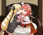  2girls blonde_hair bow cape cheek-to-cheek corrin_(fire_emblem) dress elise_(fire_emblem) fire_emblem fire_emblem_fates gloves hair_bow hair_ribbon hairband heads_together japanese_clothes long_hair multiple_girls nichika_(nitikapo) open_mouth purple_eyes purple_hair red_eyes red_hair ribbon sakura_(fire_emblem) short_hair sweat tearing_up thighhighs trembling twintails 