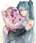  1girl absurdres aqua_eyes aqua_hair aqua_neckwear bare_shoulders black_sleeves bouquet cc_rock commentary detached_sleeves flower furrowed_brow grey_shirt hair_ornament happy_birthday happy_tears hatsune_miku headphones headset highres holding holding_bouquet light_smile long_hair looking_at_viewer necktie pink_flower purple_flower red_flower shirt shoulder_tattoo sleeveless sleeveless_shirt solo tattoo tears twintails upper_body very_long_hair vocaloid white_flower 