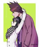  2boys arms_around_neck arms_up bangs black_hair brown_hiar checkered checkered_neckwear checkered_scarf commentary_request danganronpa_(series) danganronpa_v3:_killing_harmony facial_hair from_side frown goatee green_background hand_in_pocket head_on_head highres jacket long_sleeves male_focus momota_kaito multiple_boys nagi_to_(kennkenn) open_mouth ouma_kokichi pink_jacket purple_eyes scarf space_print spiked_hair starry_sky_print twitter_username white_background white_jacket 