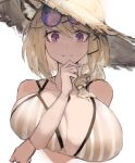  1girl animal_ear_fluff animal_ears aqua_nails arknights arm_under_breasts bare_shoulders beach bikini blush breasts brown_coat cleavage closed_mouth coat covered_nipples english_commentary eyewear_on_head fang gnai grey_bikini hair_over_shoulder hand_on_own_chin hat highres huge_breasts light_brown_hair long_hair nail_polish official_alternate_costume open_clothes open_coat purple_eyes simple_background skin_fang smile solo straw_hat striped striped_bikini sunglasses swimsuit upper_body utage_(arknights) utage_(summer_flowers)_(arknights) vertical-striped_bikini vertical_stripes white_background 
