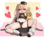  1girl :3 azur_lane bache_(azur_lane) bandaid bandaid_on_knee belt black_sailor_collar blonde_hair commentary_request cutoffs fang fishnet_legwear fishnets full_body fur-trimmed_jacket fur_trim hat heart heart-shaped_pupils jacket looking_at_viewer loose_socks lying micro_shorts midriff miko_kichi navel ok_sign open_clothes open_shorts purple_eyes ribbed_legwear sailor_collar shorts simple_background single_thighhigh socks solo symbol-shaped_pupils thighhighs thighs twintails white_background yellow_jacket 