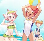  3girls :d armpits arms_up ass_visible_through_thighs ball bangs bare_arms beach bike_shorts blue_eyes breasts camilla_(pokemon) cloud collarbone commentary covered_navel day english_commentary eyelashes flower gazing_eye gen_1_pokemon goggles goggles_around_neck green_hairband green_swimsuit hairband holding holding_ball looking_at_viewer misty_(pokemon) multiple_girls navel open_mouth orange_hair outdoors pink_hair pokemon pokemon_(creature) pokemon_(game) pokemon_masters_ex psyduck sand shore short_hair sky smile standing swept_bangs swimsuit textless tied_hair tongue upper_teeth water white_flower white_swimsuit wristband 