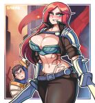  1boy 1girl absurdres armor artist_name black_pants blue_eyes blush breasts brown_hair cleavage cowboy_shot dual_wielding garen_(league_of_legends) highres holding holding_sword holding_weapon katarina_(league_of_legends) large_breasts league_of_legends long_hair midriff navel outline pants parted_lips pauldrons red_hair sagas293 scar scar_across_eye short_hair shoulder_armor smile sword tattoo weapon white_outline 