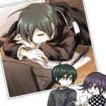  2boys ahoge bangs black_hair blush_stickers buttons checkered checkered_neckwear checkered_scarf commentary_request computer danganronpa_(series) danganronpa_v3:_killing_harmony double-breasted gakuran green_eyes hair_between_eyes highres jacket laptop long_sleeves looking_at_another male_focus multiple_boys multiple_views open_mouth ouma_kokichi pen photo_(object) purple_eyes purple_hair saihara_shuuichi scarf school_uniform short_hair simple_background sketch sleeping smile striped striped_jacket uyamuya_(buta) white_background 