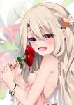  1girl back_cutout bare_shoulders blonde_hair blush bracelet clothing_cutout covered_nipples dress eyebrows_visible_through_hair fate/kaleid_liner_prisma_illya fate_(series) flower from_side hair_between_eyes highres illyasviel_von_einzbern jewelry long_hair magical_ruby open_mouth pei_iriya red_eyes smile solo 