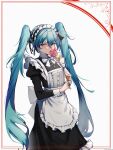  1girl alternate_costume apron back_bow bangs black_dress blue_eyes blue_hair blush border bow bowtie commentary_request cowboy_shot dress enmaided eyebrows_visible_through_hair flower frilled_apron frilled_dress frills hatsune_miku highres holding holding_flower juliet_sleeves long_hair long_sleeves looking_at_viewer maid maid_headdress pink_flower pink_rose puffy_sleeves red_border rose rzx0 simple_background solo twintails very_long_hair vocaloid white_apron white_background white_bow white_neckwear 