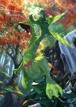  commentary_request day forest from_below gen_3_pokemon highres karamimame light_beam nature no_humans open_mouth outdoors pokemon pokemon_(creature) rock sceptile solo tongue tree water water_drop waterfall wet 