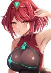  1girl bangs black_swimsuit breasts chest_jewel competition_swimsuit highres large_breasts leonmandala one-piece_swimsuit pyra_(pro_swimmer)_(xenoblade) pyra_(xenoblade) red_eyes red_hair red_swimsuit short_hair solo swept_bangs swimsuit two-tone_swimsuit xenoblade_chronicles_(series) xenoblade_chronicles_2 