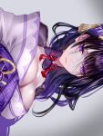  1girl bangs braid breasts cleavage closed_mouth commentary_request flower genshin_impact grey_background hair_ornament highres japanese_clothes kimono large_breasts long_hair looking_at_viewer mole mole_under_eye obi obiage pottsness purple_eyes purple_flower purple_hair raiden_shogun ribbon sash sideways solo tassel 