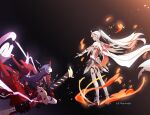  2girls antenna_hair armor bangs bare_shoulders barefoot black_background blue_eyes boots cape closed_mouth disembodied_limb electricity fire full_body gauntlets hair_between_eyes hair_ornament highres holding holding_sword holding_weapon honkai_(series) honkai_impact_3rd horns japanese_armor katana kiana_kaslana kiana_kaslana_(herrscher_of_flamescion) long_hair looking_at_another mamt56 multiple_girls outstretched_arm ponytail purple_eyes purple_hair raiden_mei raiden_mei_(herrscher_of_thunder) seiza sheath sheathed single_gauntlet sitting standing sword thigh_boots thighhighs torn_cape torn_clothes weapon white_footwear white_hair 