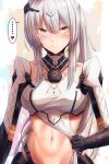  1girl absurdres belt blush breasts closed_mouth girls&#039;_frontline gloves hair_between_eyes hair_ornament highres looking_at_viewer medium_breasts navel nyto_(girls&#039;_frontline) nyto_adeline_(girls&#039;_frontline) silver_hair solo stomach xlscaler yellow_eyes 