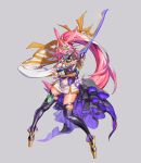  1girl absurdres animal_ears aryaaa asymmetrical_footwear bangs boots dog_mask egyptian_clothes fox_ears full_body grey_background hair_between_eyes hair_ornament highres holding holding_sword holding_weapon honkai_(series) honkai_impact_3rd katana long_hair looking_at_viewer mask pink_hair ponytail purple_legwear simple_background solo sword thigh_boots thighhighs uneven_footwear weapon yae_sakura 