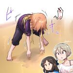  3girls bangs barefoot bent_over black_pants blonde_hair blue_jacket bra_strap breasts brown_eyes brown_hair capri_pants cleavage collarbone commentary downblouse failure gojarun hair_between_eyes idolmaster idolmaster_cinderella_girls inset jack-o&#039;_challenge jacket long_hair motion_lines multicolored_hair multiple_girls ninomiya_asuka off_shoulder orange_hair pants parted_hair parted_lips purple_hair reaching shiomi_syuko shirt short_hair silver_hair speech_bubble spread_legs stretch surprised tachibana_arisu torn_clothes torn_shirt track_jacket translated twitter_username two-tone_hair white_jacket white_shirt wide-eyed 