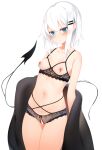  1girl bangs bar_censor bare_shoulders black_bra black_panties blue_eyes blush bra breasts censored closed_mouth collarbone cowboy_shot crotchless crotchless_panties cupless_bra demon_tail eyebrows_visible_through_hair hair_ornament hairclip highres looking_at_viewer navel nipple_tassels nipples off_shoulder open_clothes original otokuyou panties ringo-chan_(otokuyou) short_hair simple_background small_breasts smile solo stomach tail underwear white_background white_hair 