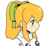  1girl blonde_hair closed_mouth eyebrows_visible_through_hair green_eyes green_ribbon hair_ribbon long_hair mega_man_(classic) mega_man_(series) muu_(mumumer) ponytail ribbon roll_(mega_man) sidelocks simple_background solo white_background 